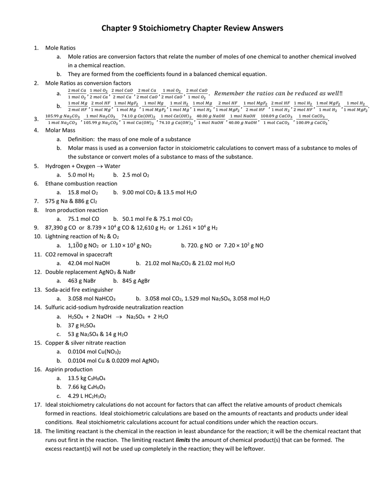 Chapter 9 Stoichiometry Chapter Review Answers