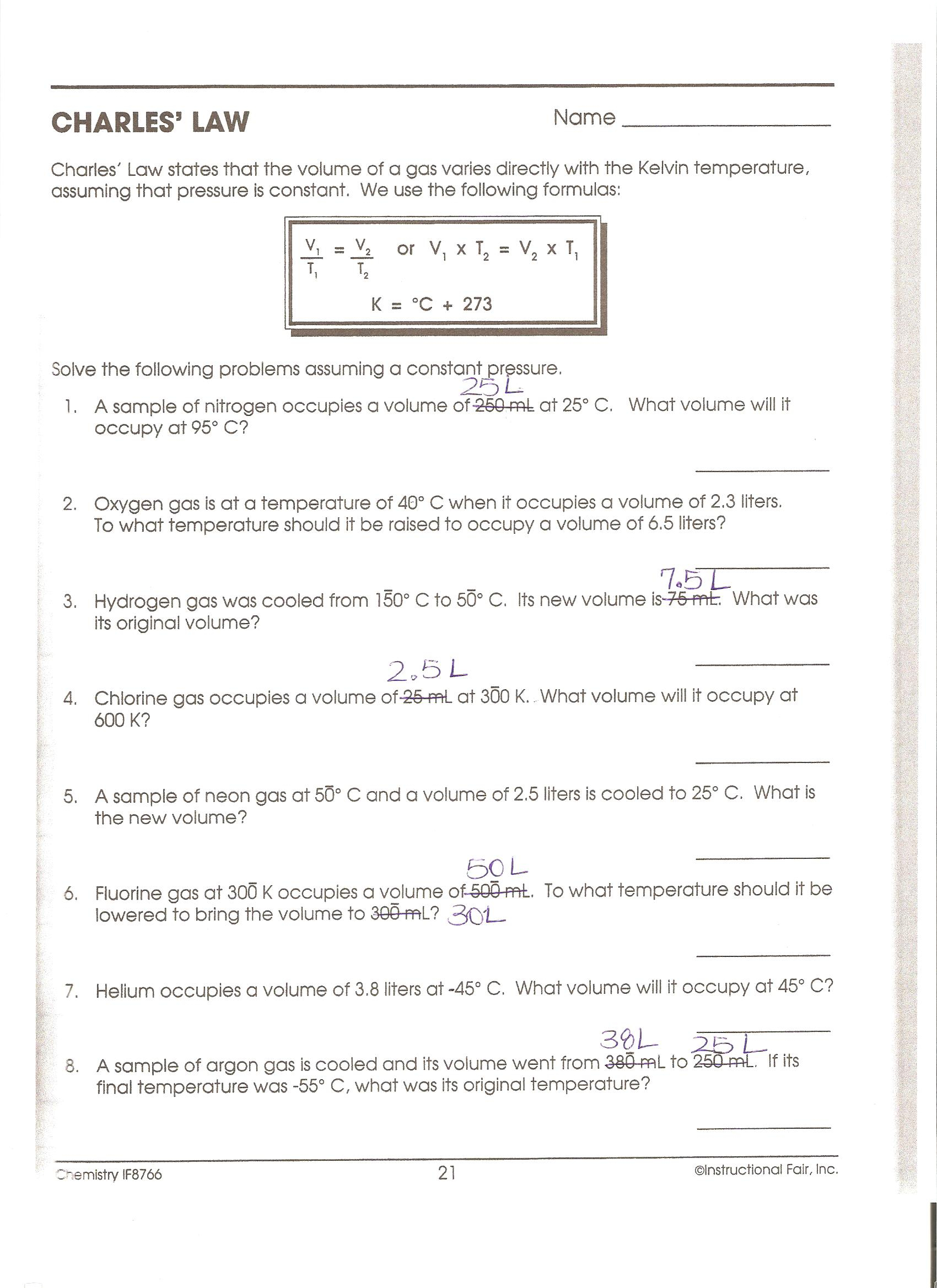 Charles Law Problems Worksheet Answers Worksheet List