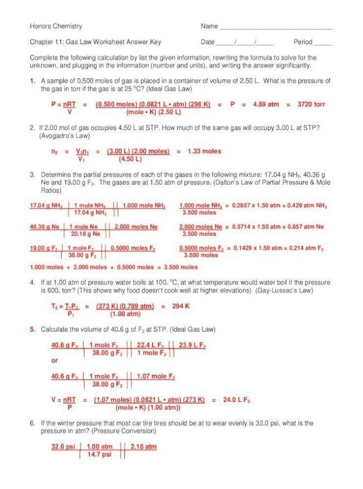 Charles Law Worksheet Answers Honors Chemistry Name Chapter 11 Gas Law 