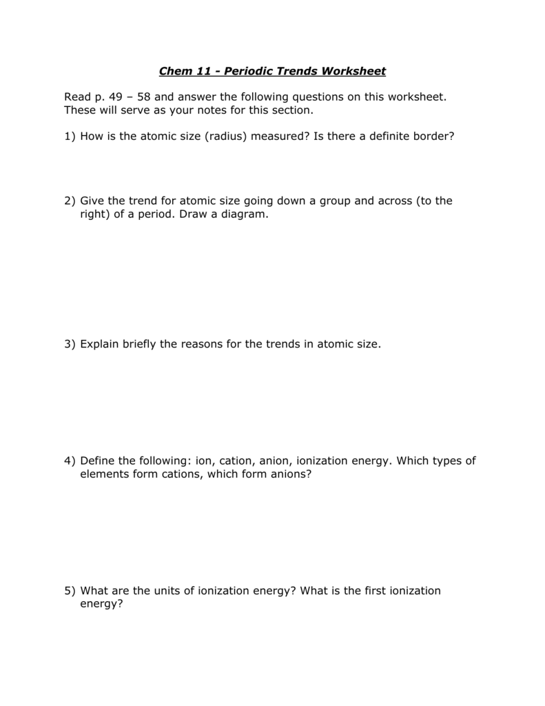 Chem 11 Periodic Trends Worksheet