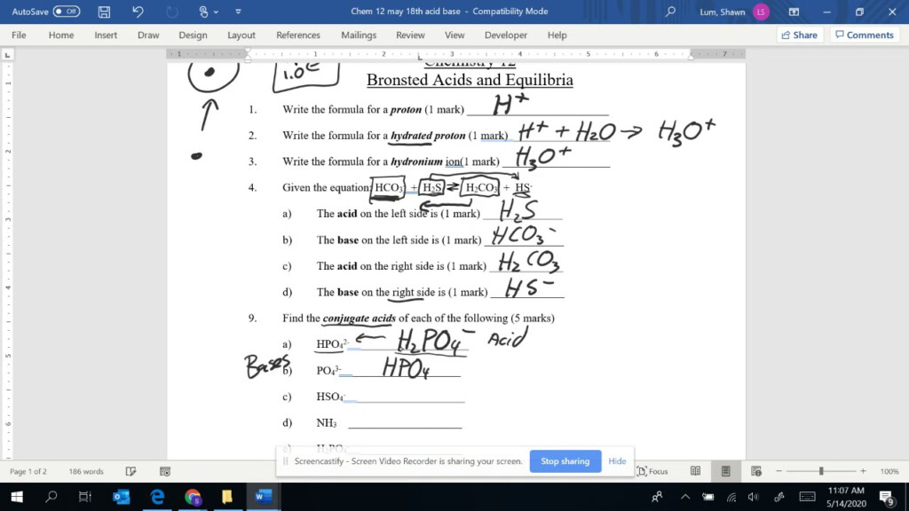 Chem 12 Bronsted Lowry Worksheet Answer Key YouTube