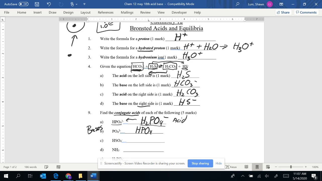 Chem 12 Bronsted Lowry Worksheet Answer Key YouTube