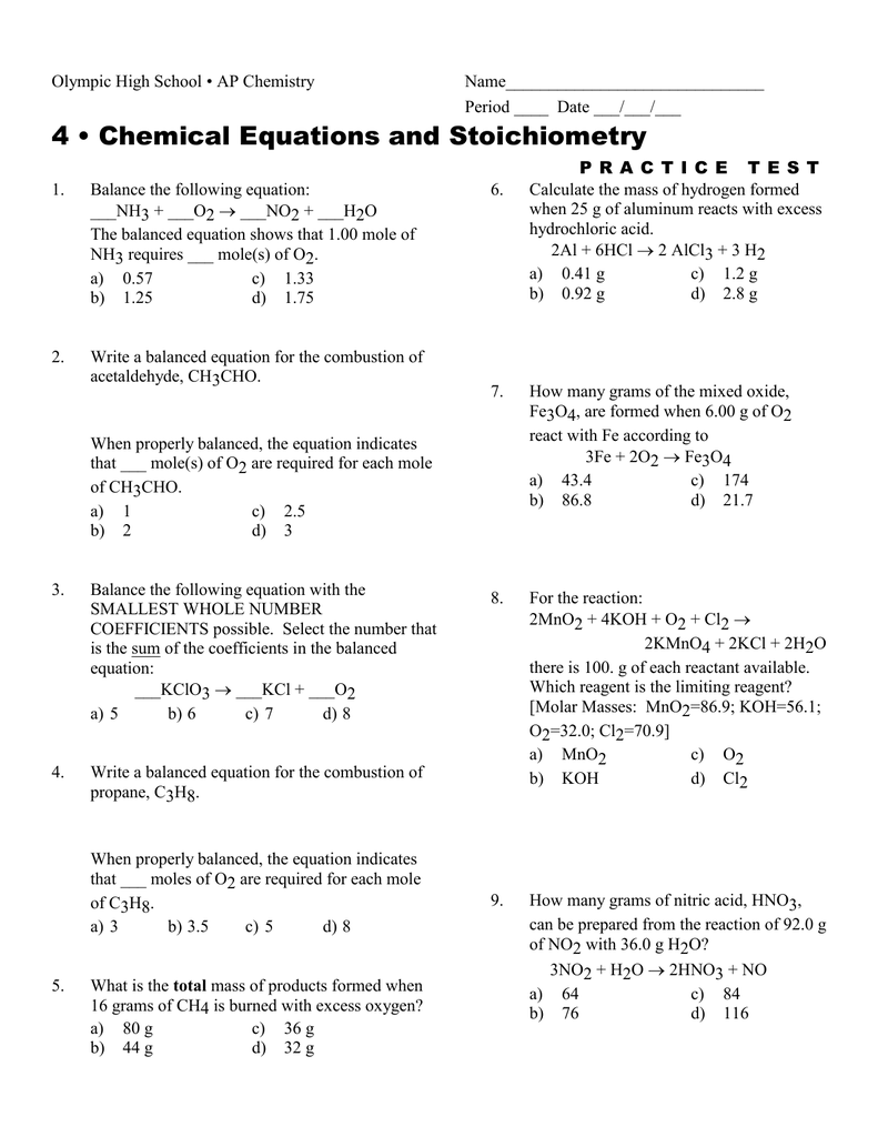 Chemical Equations And Stoichiometry Worksheets Answers Chemical 