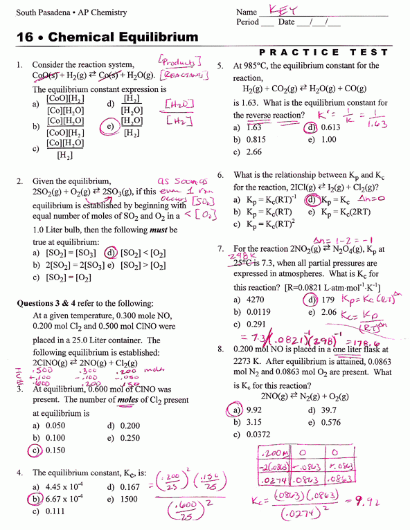 Chemical Equilibrium Worksheets Answers