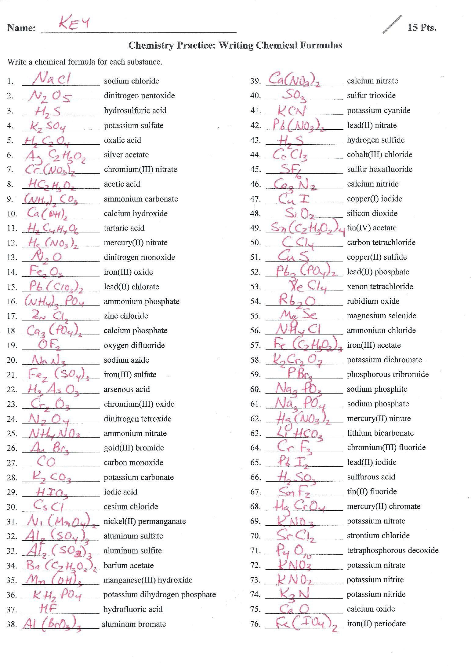 Chemical Formula Worksheets Answer Key Chemical Formula Chemistry 