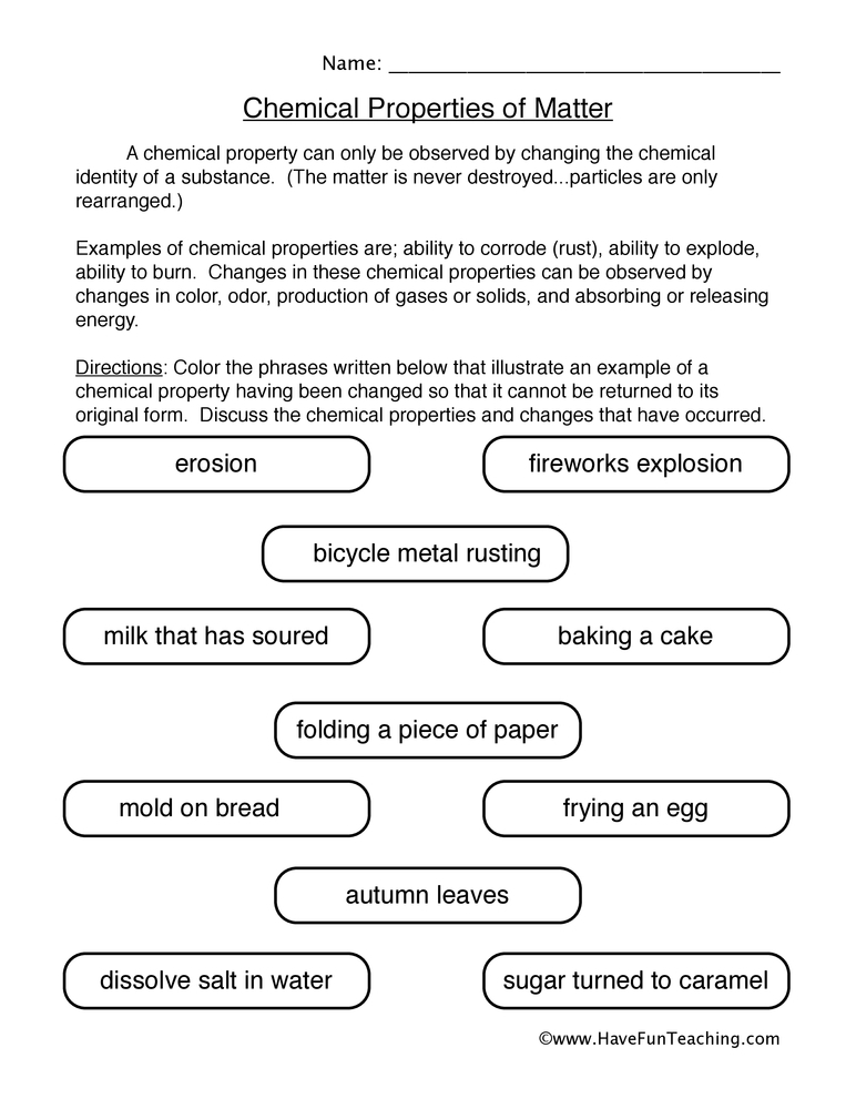 Chemical Properties Matter Worksheet