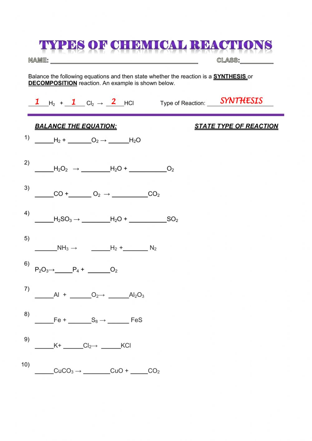 CHEMICAL REACTIONS SYNTHESIS AND DECOMPOSITION Worksheet