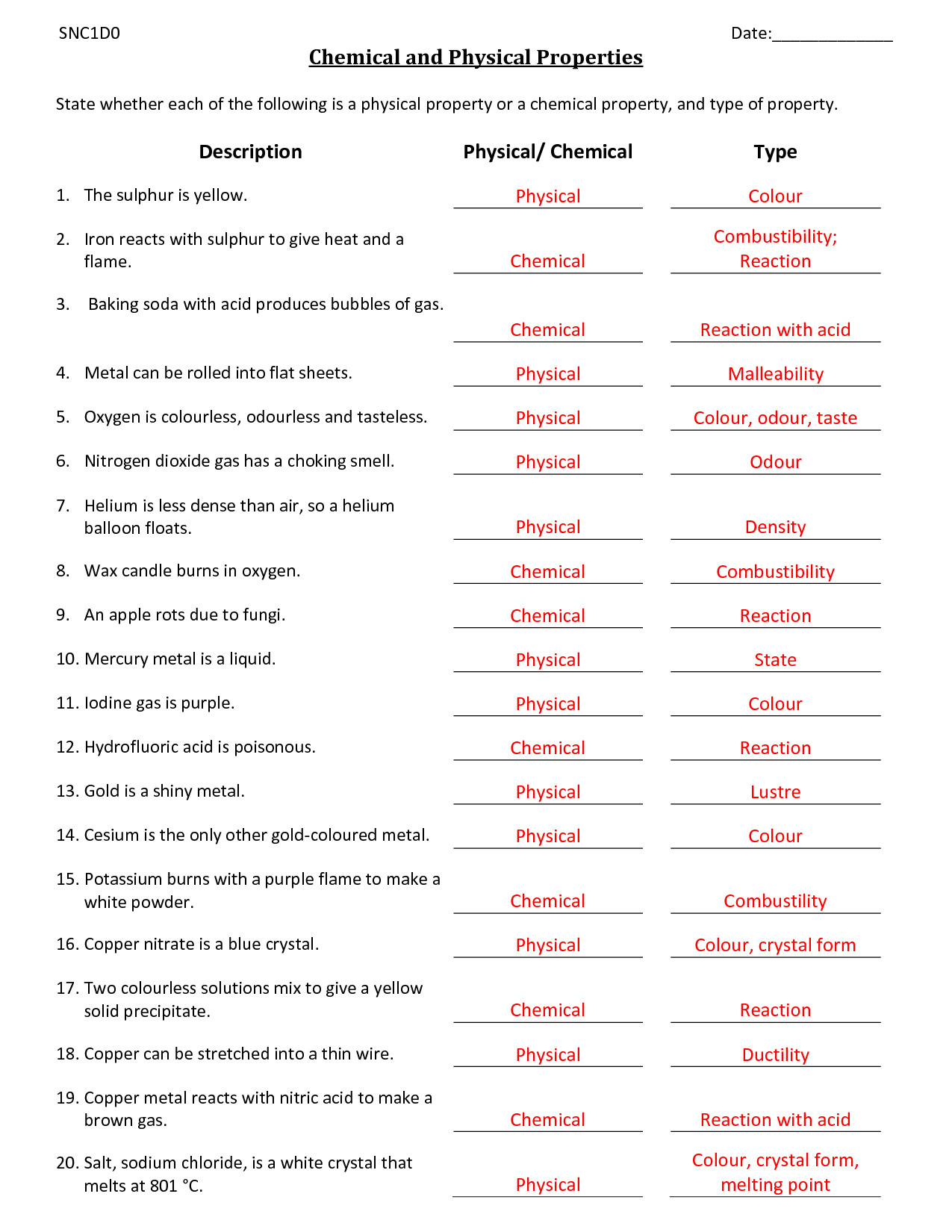 Chemistry 1 Worksheet Classification Of Matter And Changes Answer Key 