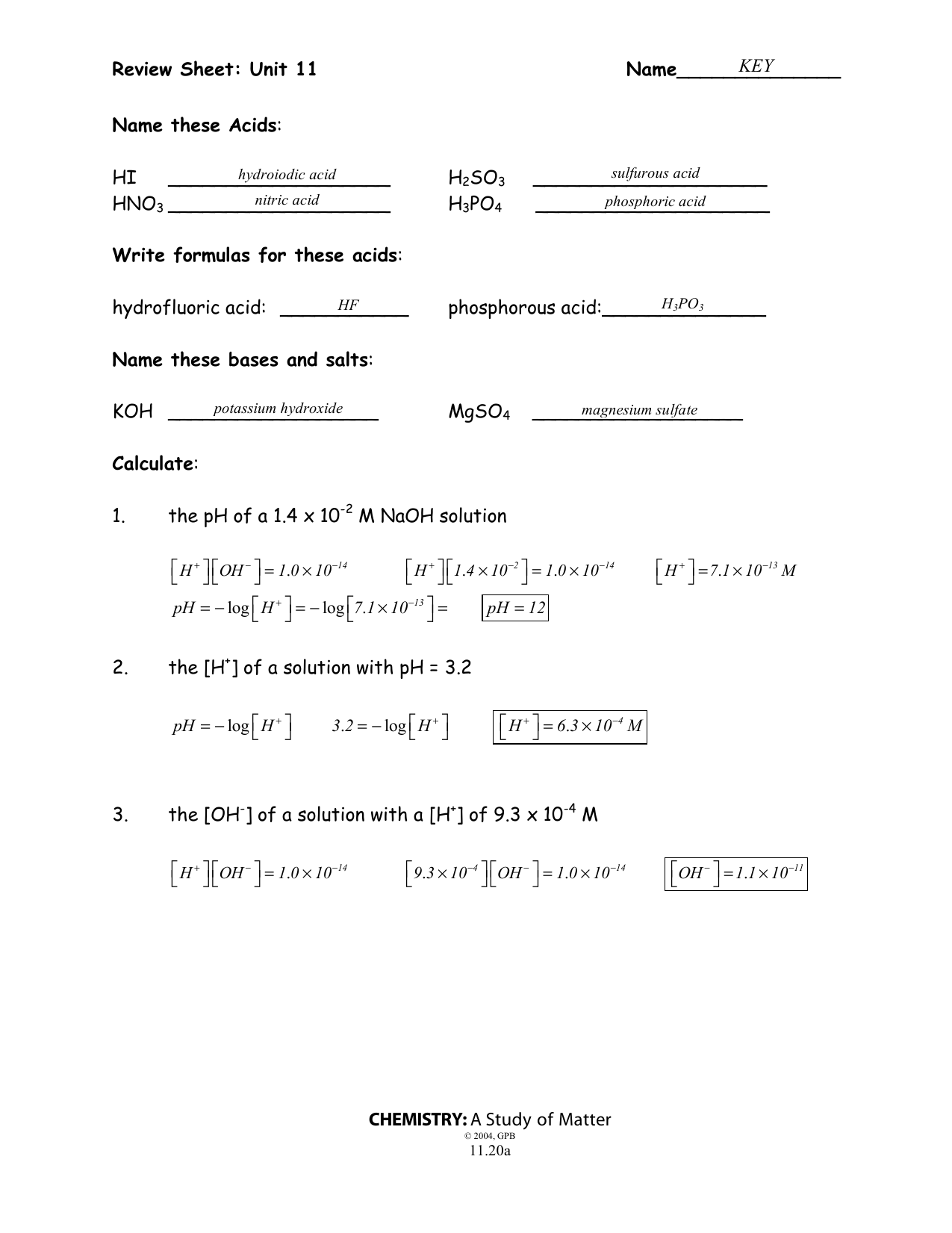 Chemistry A Study Of Matter Review Sheet Unit 11 Answers Study Poster