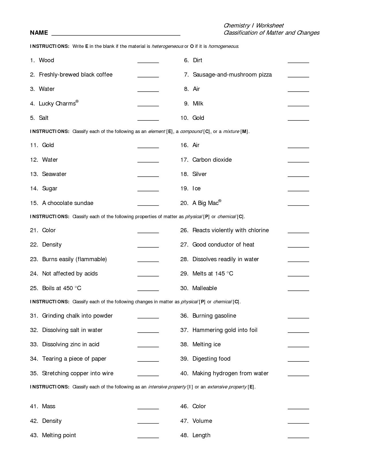 Chemistry A Study Of Matter Worksheet Answers