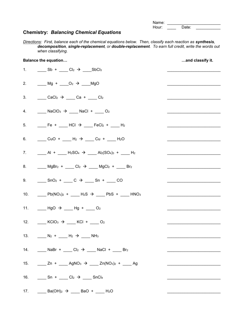 Chemistry Balancing Chemical Equations Worksheet Answer Key Https Www