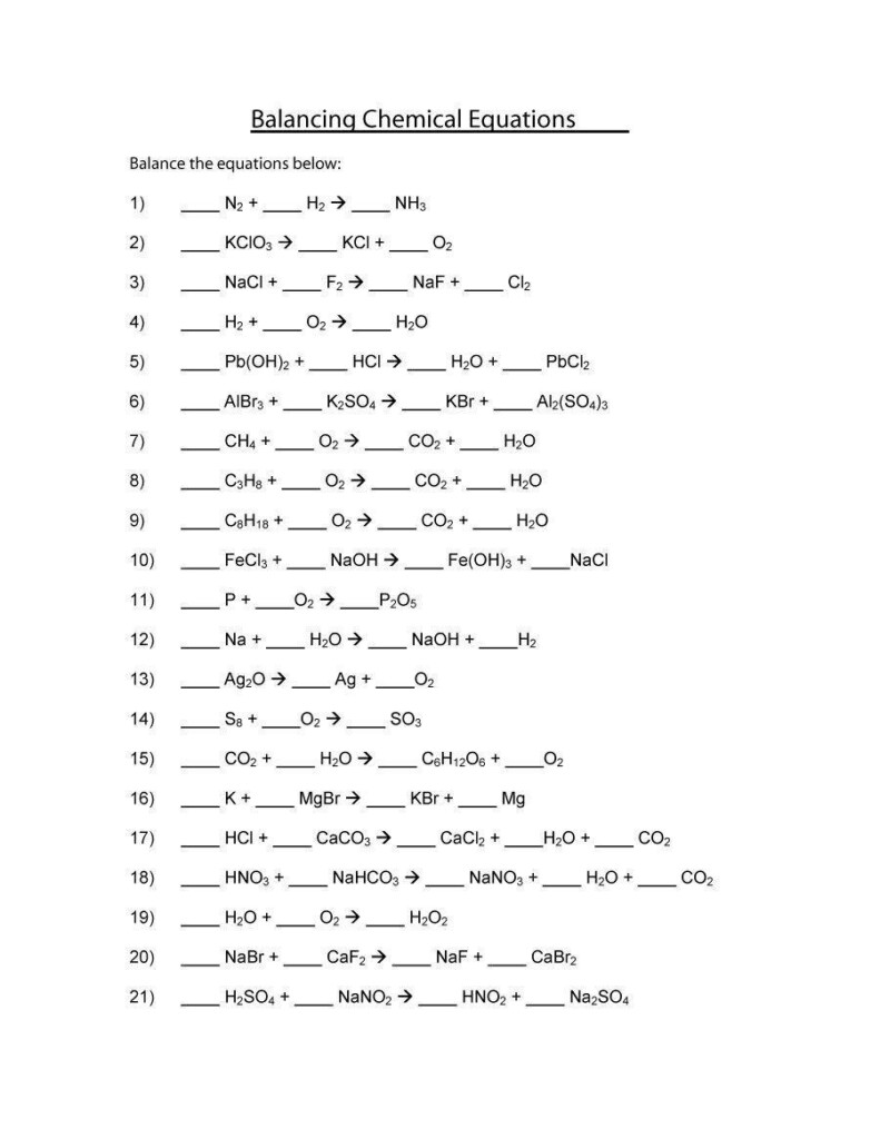 Chemistry Balancing Chemical Equations Worksheet Brainly in