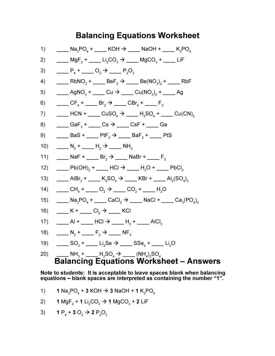 Chemistry Balancing Equations Worksheet 1 Answer Key 6 Balancing