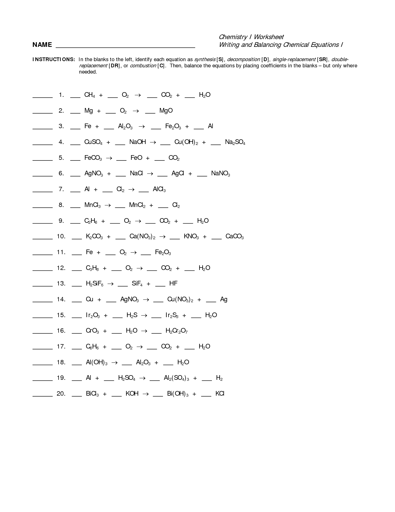 Chemistry Balancing Equations Worksheet Answer Key Pdf Download 