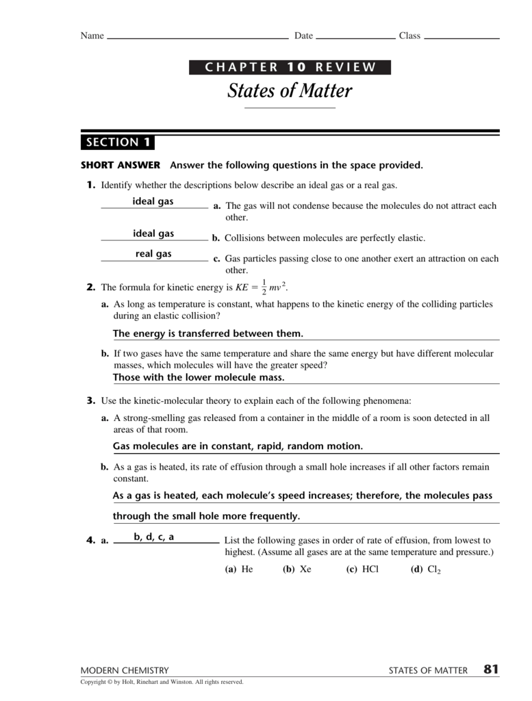 Chemistry Chapter 13 States Of Matter Worksheet Answer Key 