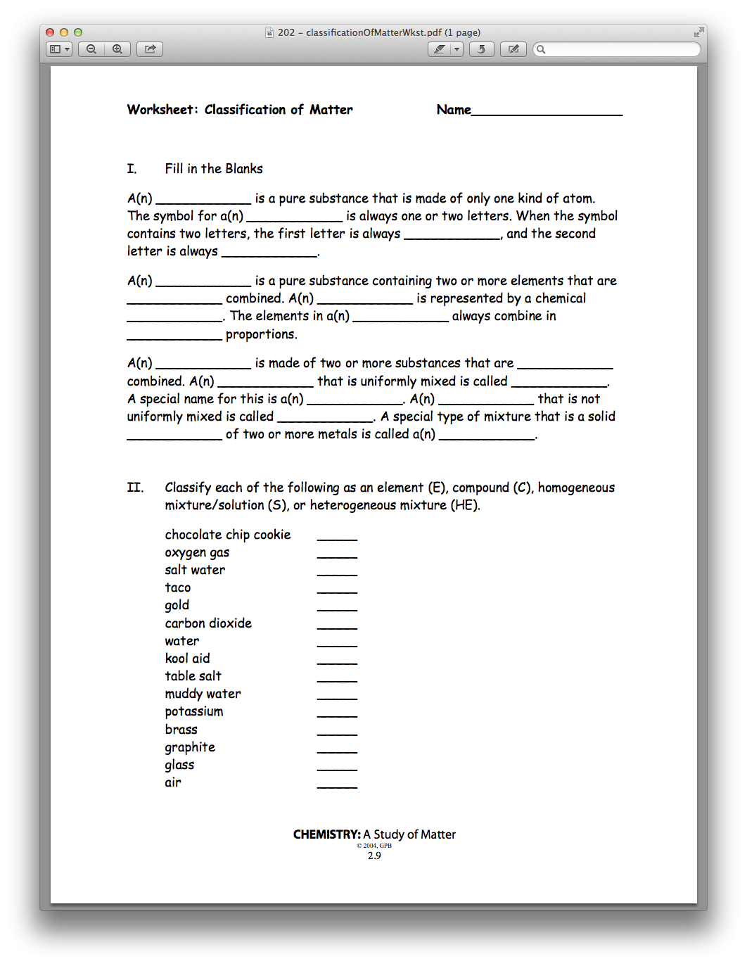 Chemistry Classification Of Matter Worksheet