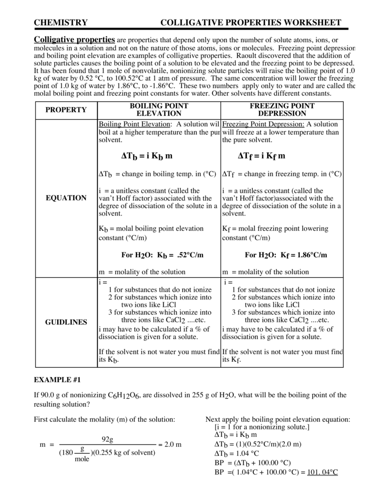 Chemistry Colligative Properties Worksheet