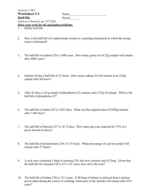 Chemistry Half Life Problems Worksheet Answers Thekidsworksheet