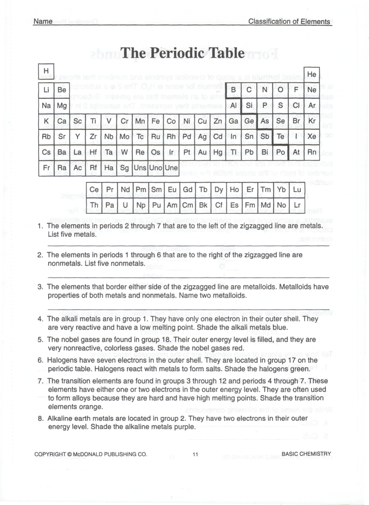 Chemistry If8766 Periodic Table Worksheet Answer Key Elcho Table