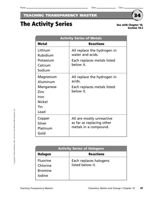 Chemistry Matter And Change Teaching Transparency Worksheet 19 Answer