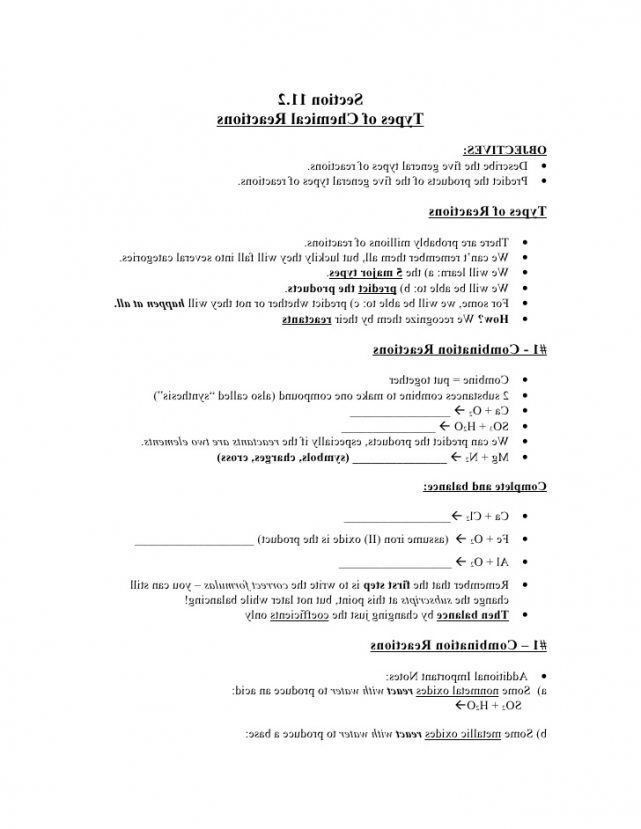 Chemistry Types Of Chemical Reactions Worksheet Answers
