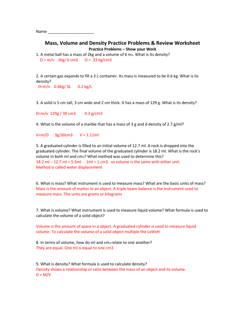 Chemistry Unit 1 Worksheet 3 Mass Volume And Density