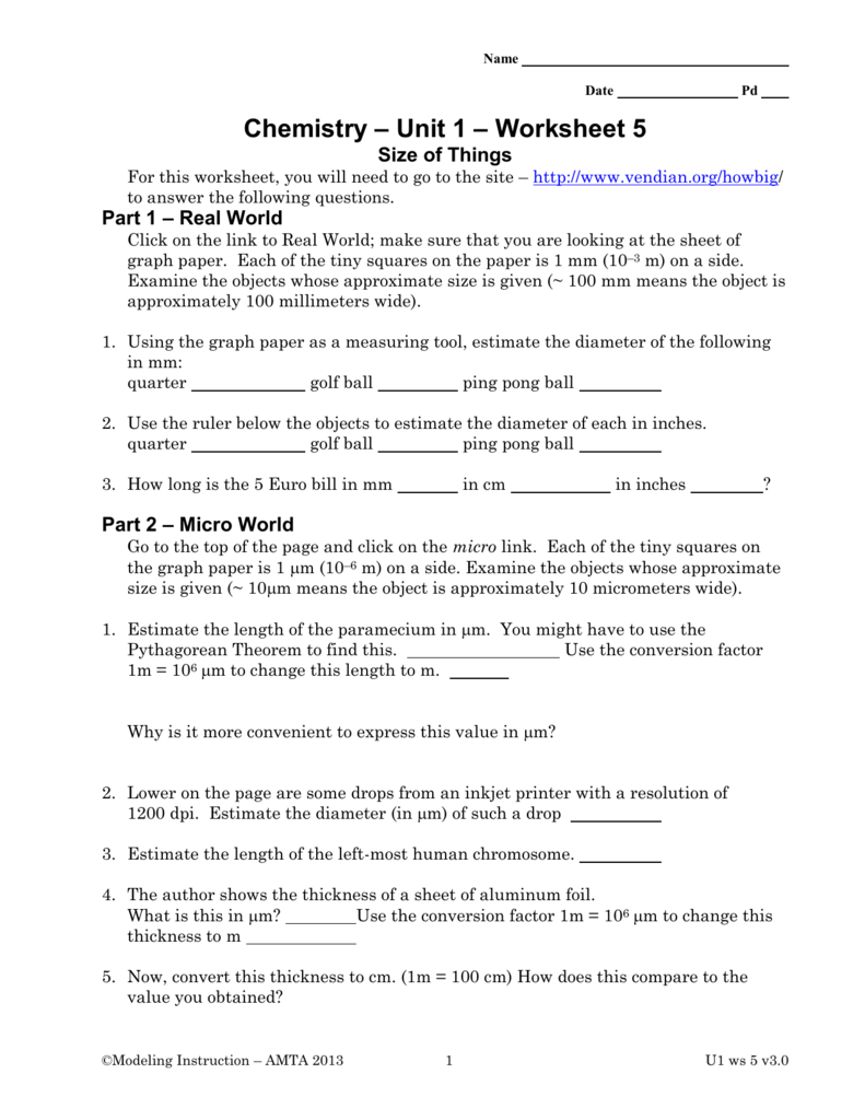 Chemistry Unit 1 Worksheet 5 Size Of Things Answer Key Worksheet