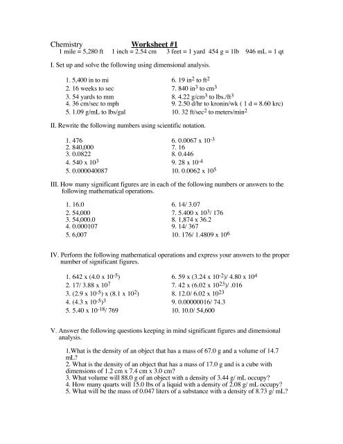 Chemistry Unit 1 Worksheet 6 Dimensional Analysis Answers 