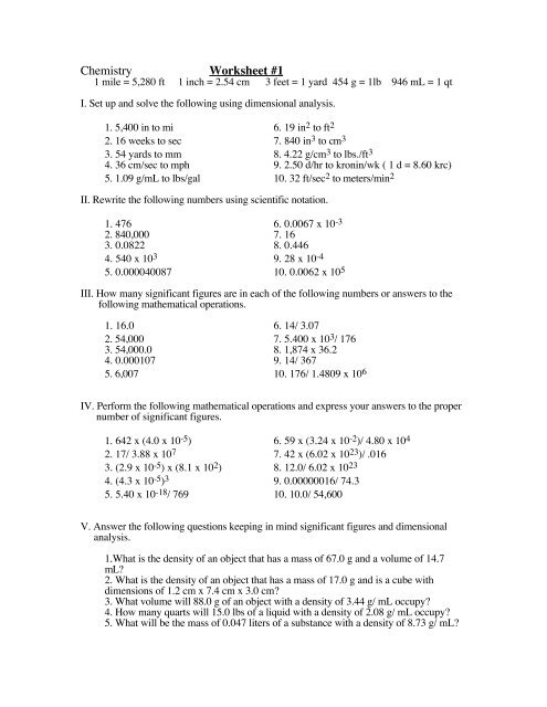 Chemistry Unit 1 Worksheet 6 Dimensional Analysis Answers
