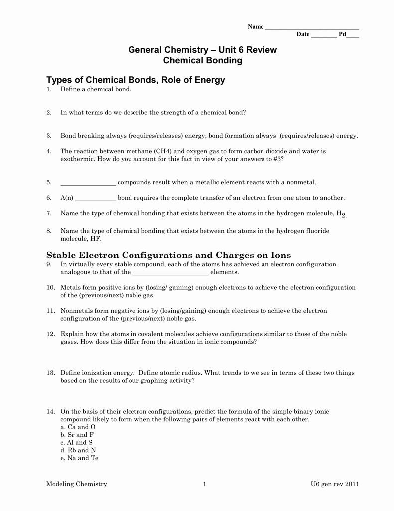 Chemistry Unit 4 Worksheet 3 Worksheet