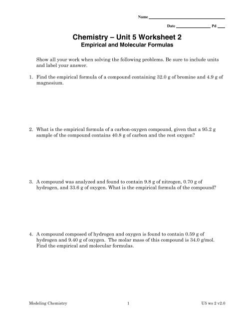 Chemistry Unit 5 Worksheet 2