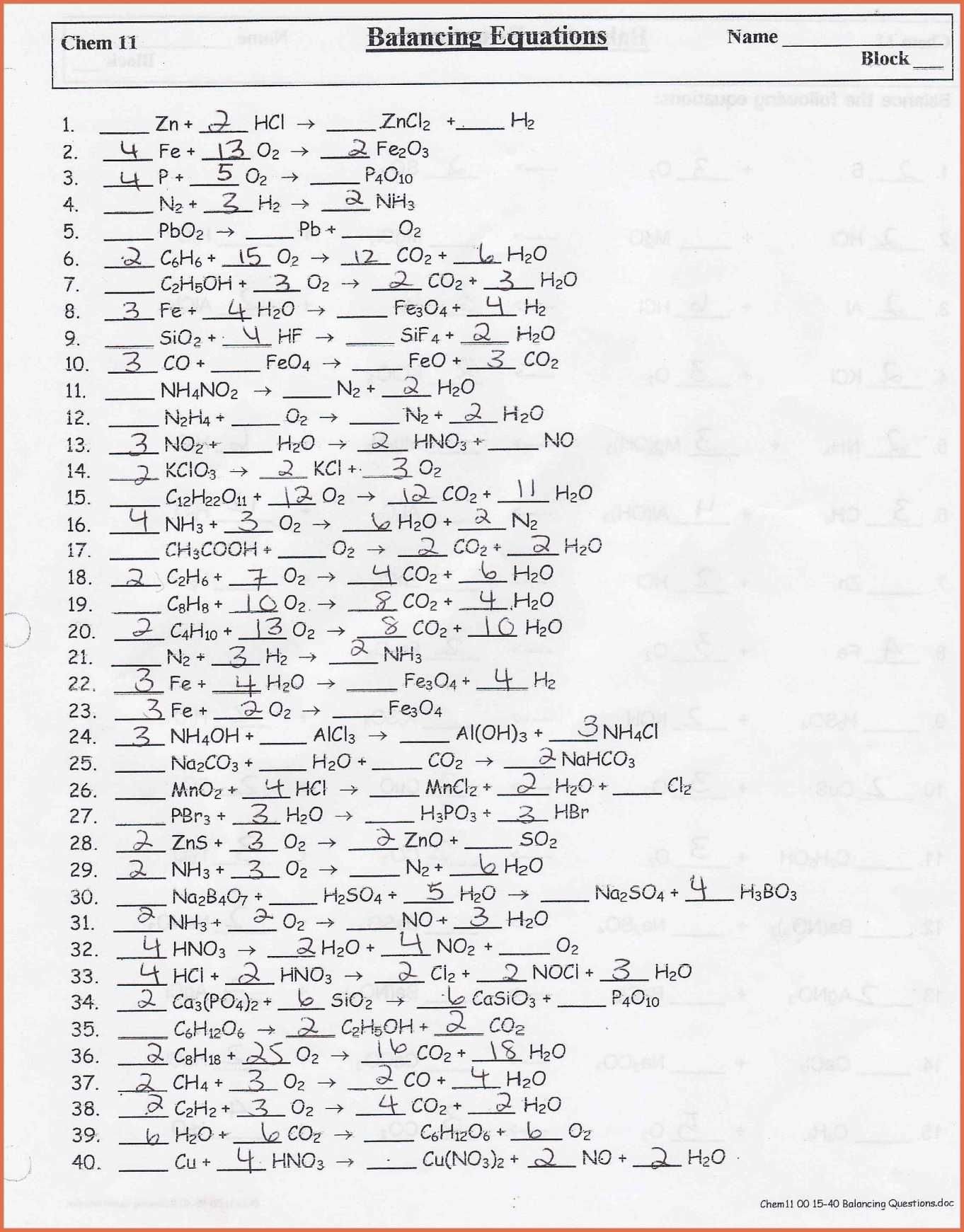 Chemistry Unit 6 Worksheet 1 Answer Key