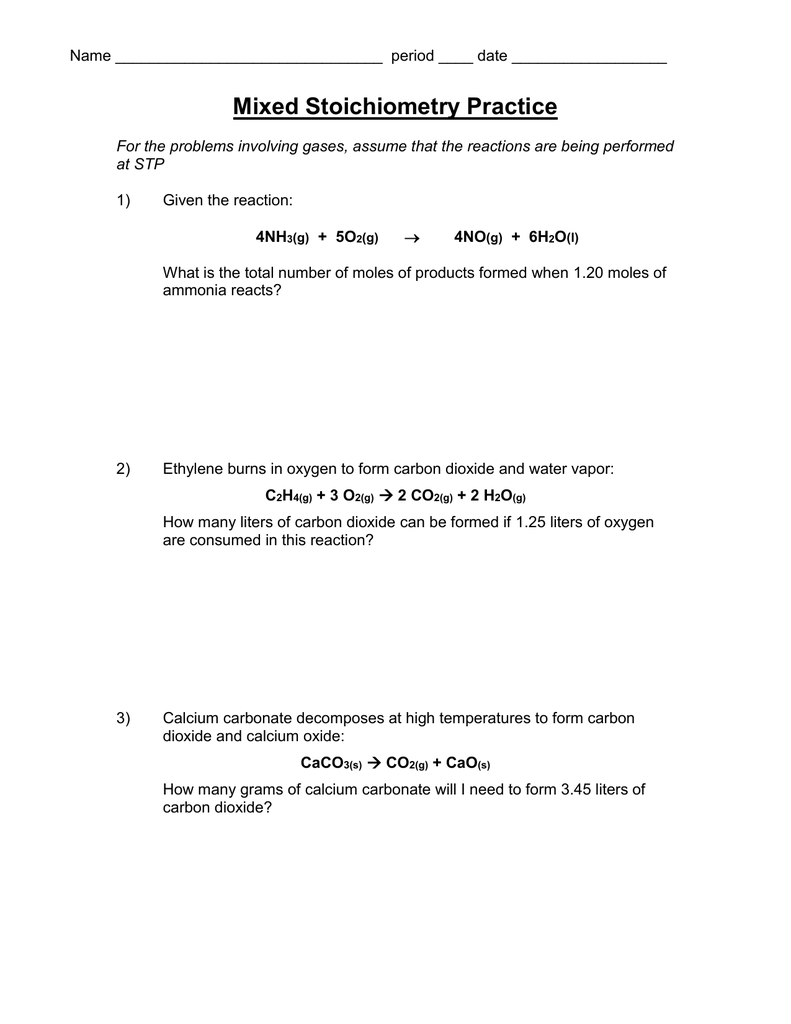 Chemistry Worksheet 6 Mixed Mole Problems Grams Molecules And Liters 