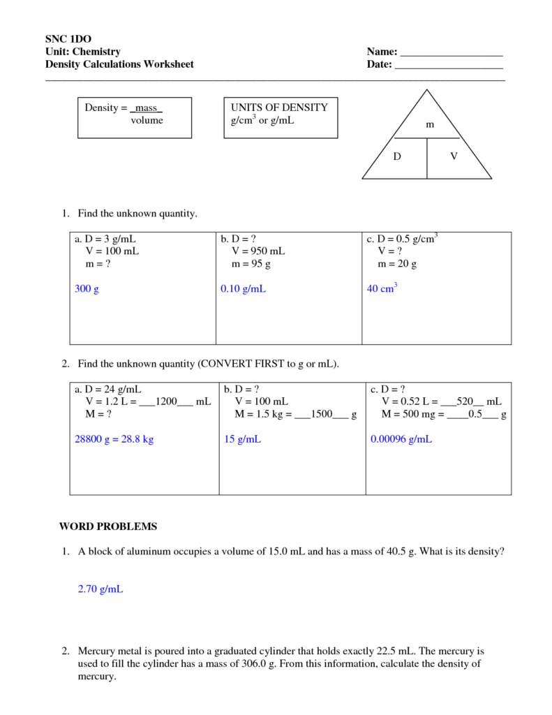 Chemistry Worksheet Density 1 Answer Key Worksheetpedia