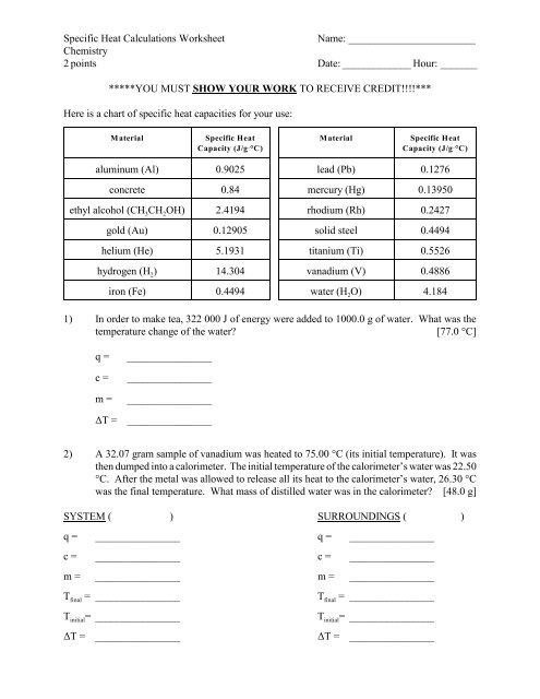 Chemistry Worksheet Heat And Calorimetry Problems