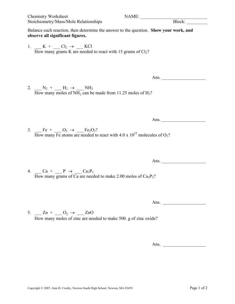 Chemistry Worksheet NAME Stoichiometry Mass