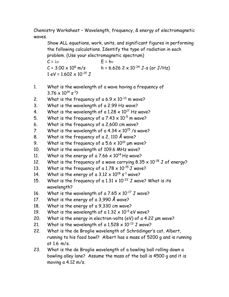 Chemistry Worksheet Wavelength Frequency Energy Of