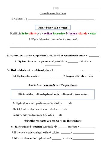 Chemistry Writing Equations For Neutralization Reactions Worksheet