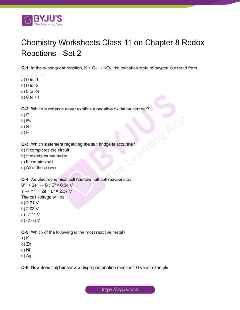 Class 11 Chemistry Worksheet On Chapter 8 Redox Reactions Set 2