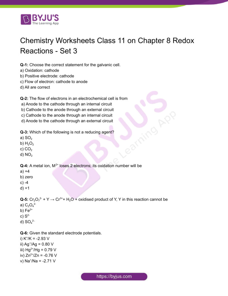 Class 11 Chemistry Worksheet On Chapter 8 Redox Reactions Set 3