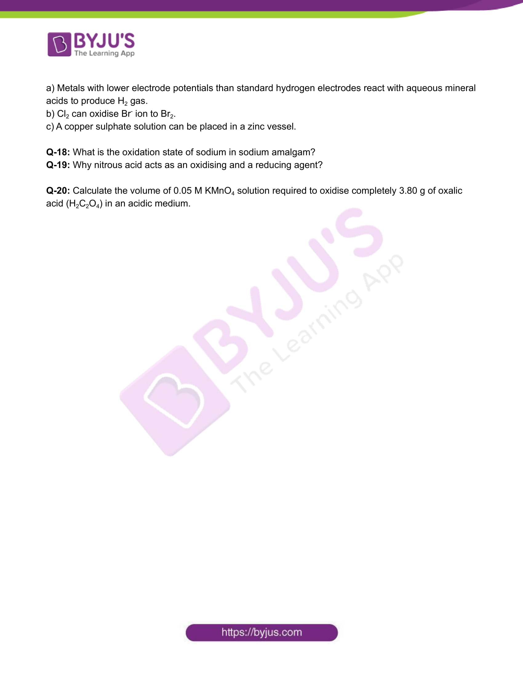 Class 11 Chemistry Worksheet On Chapter 8 Redox Reactions Set 3