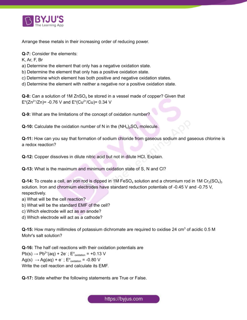 Class 11 Chemistry Worksheet On Chapter 8 Redox Reactions Set 3