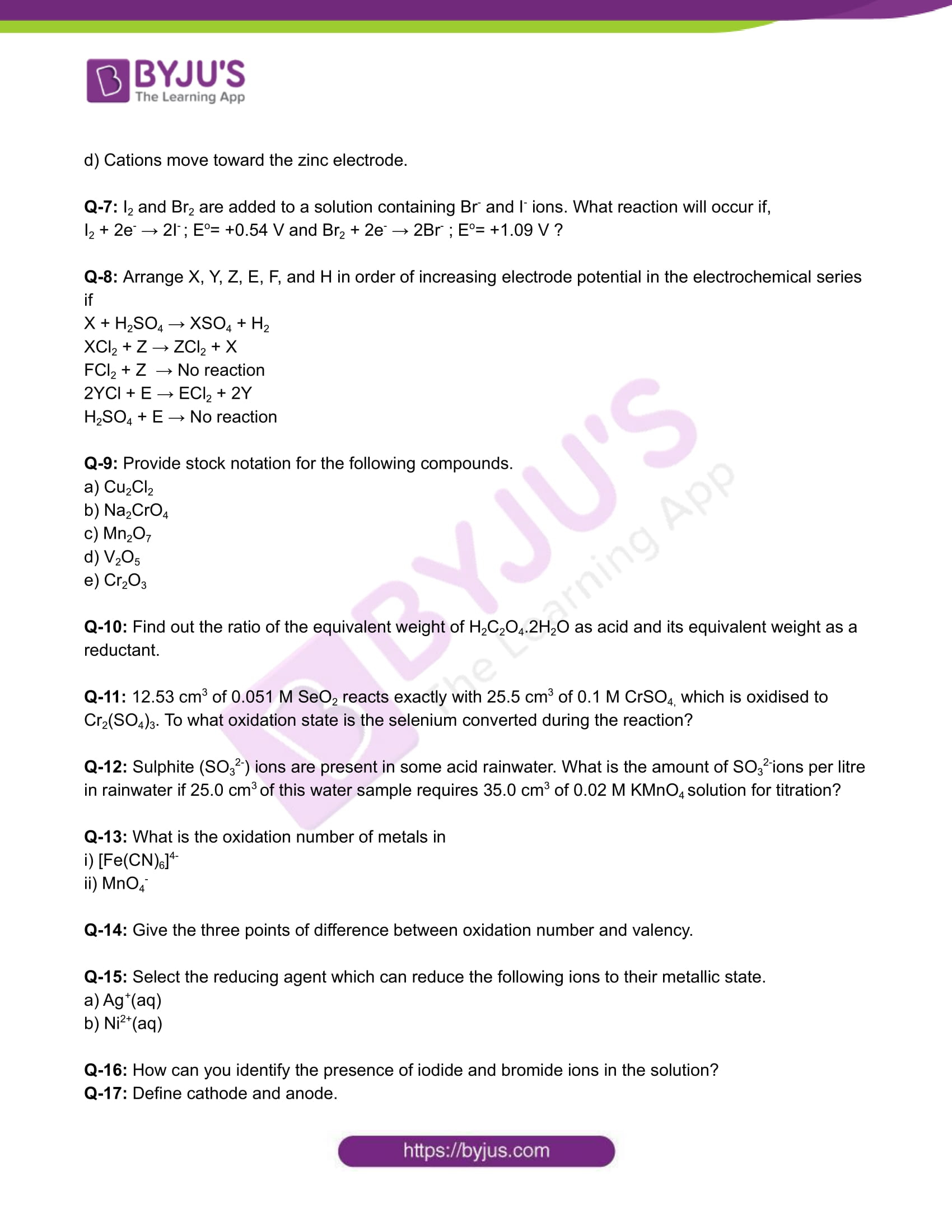 Class 11 Chemistry Worksheet On Chapter 8 Redox Reactions Set 5