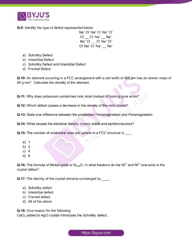 Class 12 Chemistry Worksheet On Chapter 1 Solid State Set 1