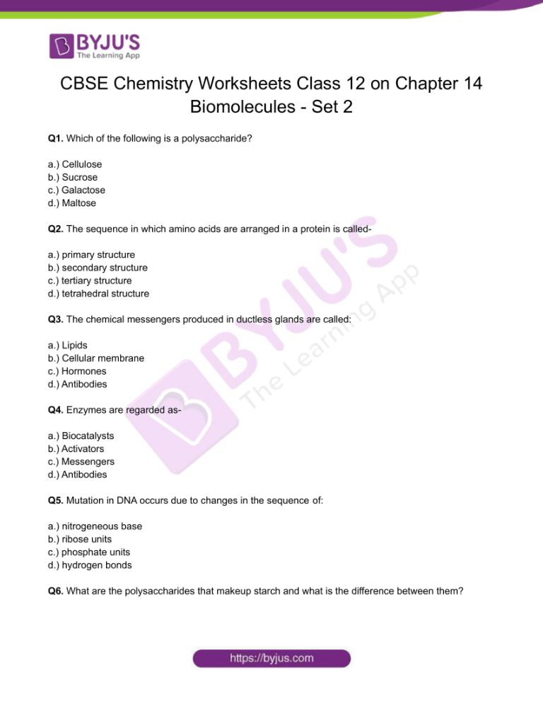 Class 12 Chemistry Worksheet On Chapter 14 Biomolecules Set 2