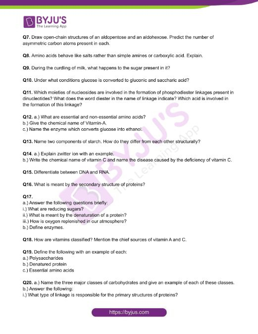 Class 12 Chemistry Worksheet On Chapter 14 Biomolecules Set 2