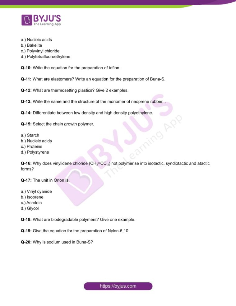 Class 12 Chemistry Worksheet On Chapter 15 Polymers Set 3