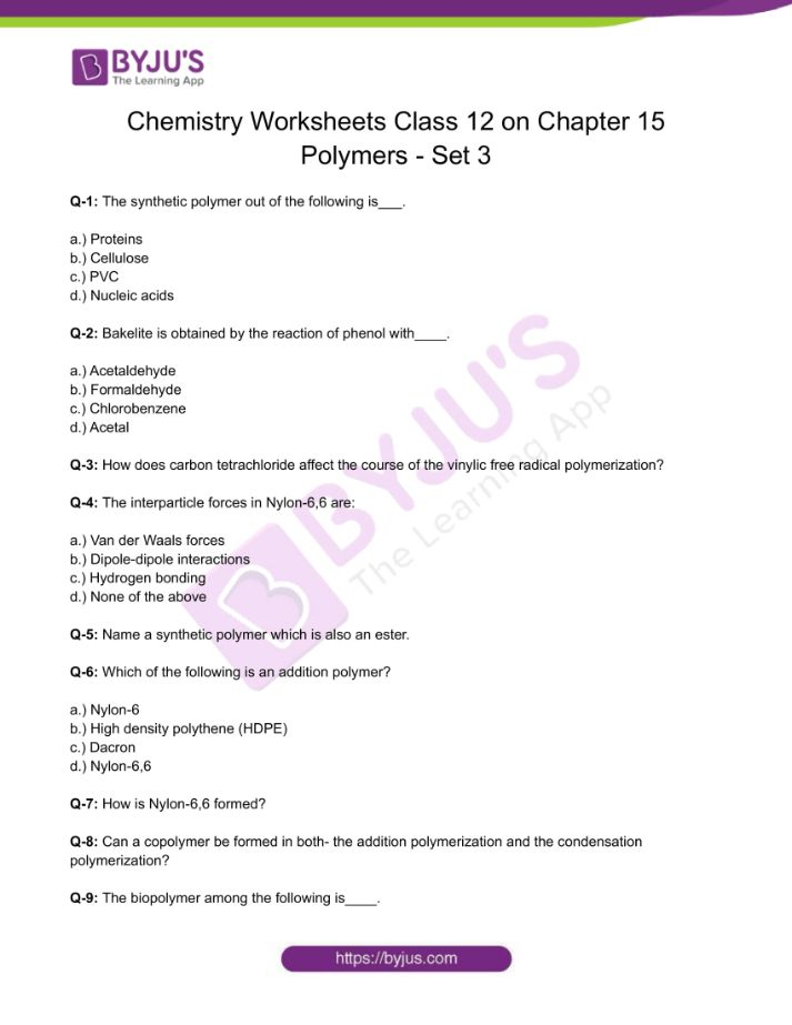 Class 12 Chemistry Worksheet On Chapter 15 Polymers Set 3