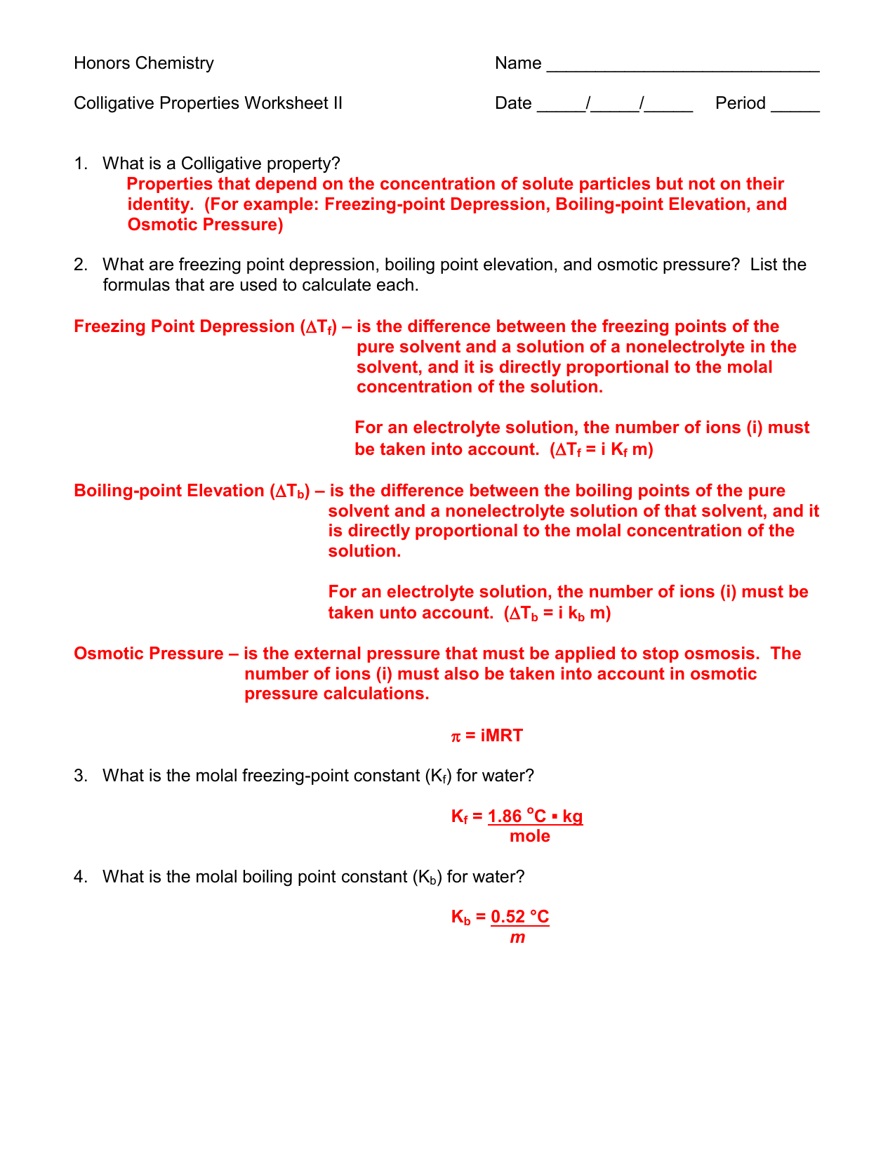 Colligative Properties Worksheet II Answer Key 11 12