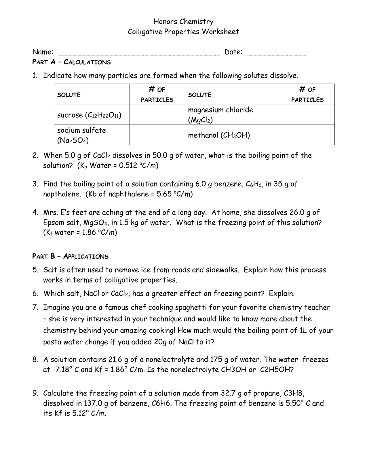 Colligative Property WS